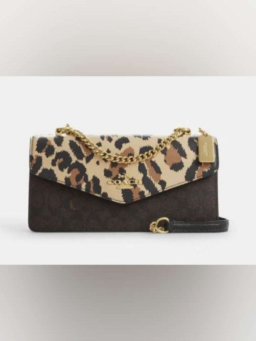 COACH Klare Envelope Leopard Print Leather Chain Shoulder Bag in Tan and Brown